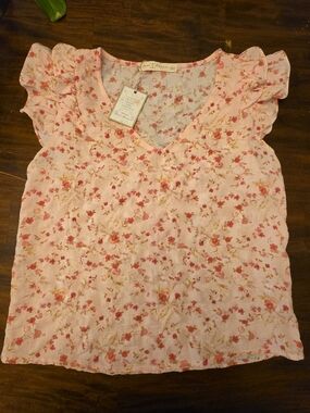 NWT Fair Haven Double Ruffle Floral Crinkle Blouse Top V-Neck